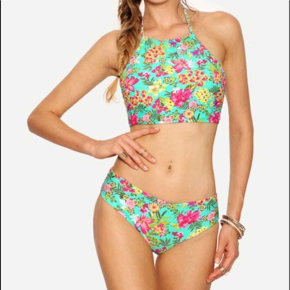 High neck flower print bikini set